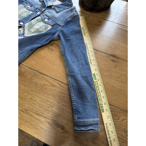 LuLaRoe Jean Jacket Size Small Southwest Aztec Boho Embroidered Blue Denim Hippi - Picture 8 of 15